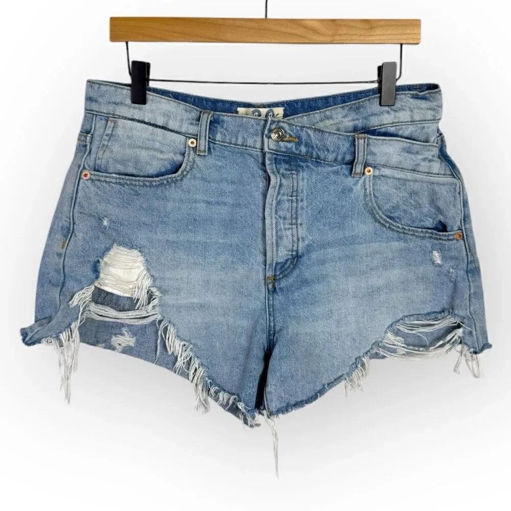 We the Free People Criss Cross Fray Denim Button Fly Cut Off Jean Shorts